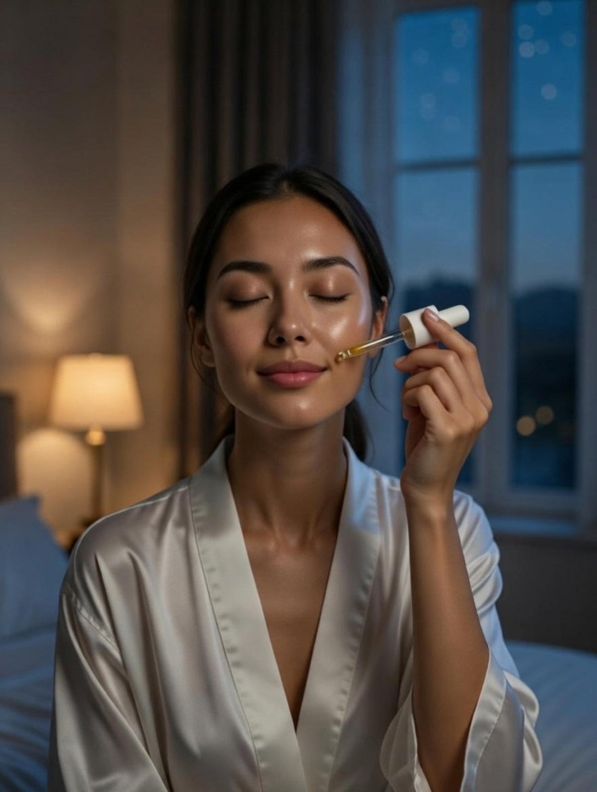 Woman applying skincare product in a bedroom setting