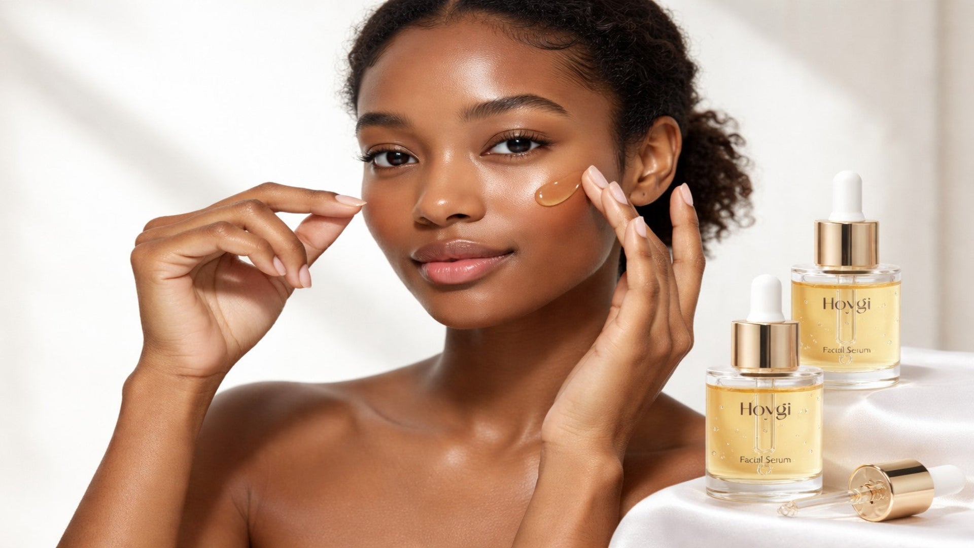 Woman applying skincare product with Hoya skincare bottles in the background