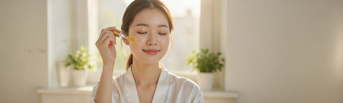 Woman applying skincare product in a bright room with plants